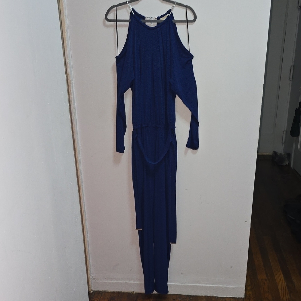 MICHAEL Michael Kors Blue and Black Patterned Cold ShoulderJumpsuit Belted Large